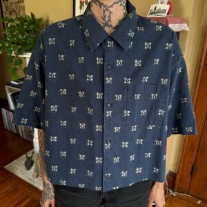 Vintage 80s Navy Linen Loop Collar Cropped Boxy S/S Button Down Dockers ~ Size L